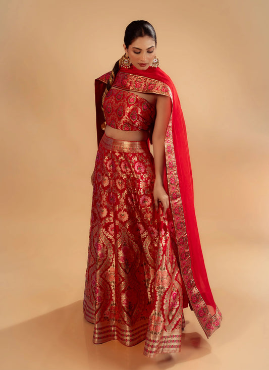 Red Kimkhab Banarasi Brocade Handwoven Fabric Lightweight Lehenga Set