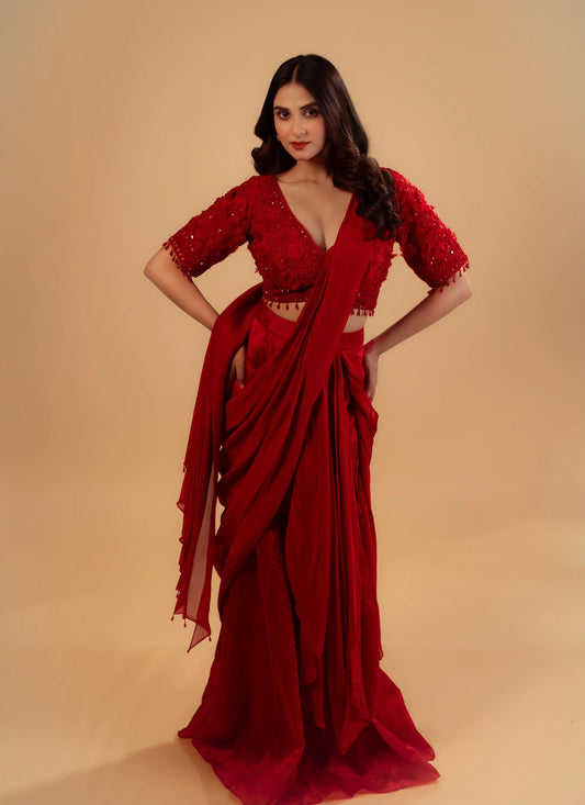 Hand Embroidery Red Drape Saree With Heavy Blouse