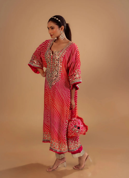 Hand Embroidery Pink Laheria Kaftan Set