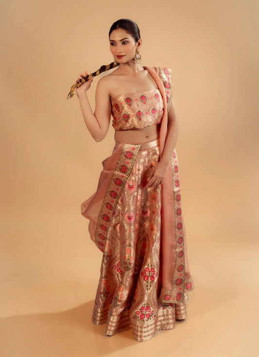 Purple Kimkhab Banarasi Brocade Handwoven Fabric Lightweight Lehenga Set