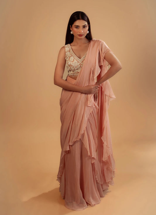 Hand Embroidery Light Pink Drape Saree With Heavy Blouse