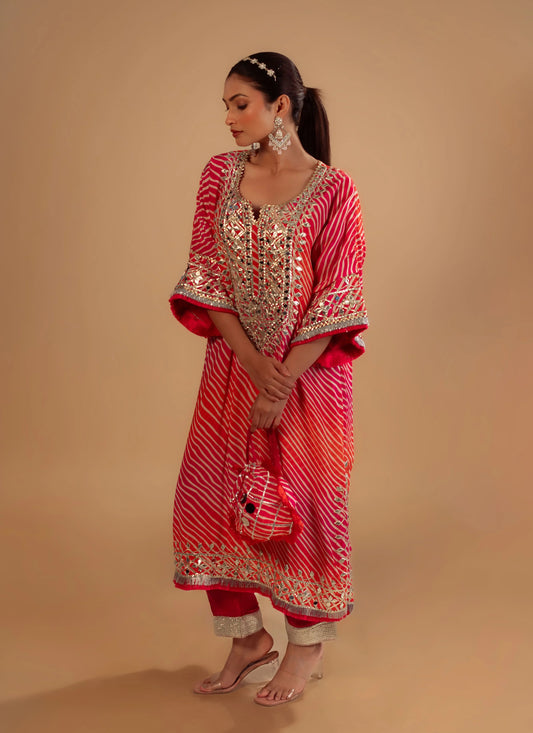 Hand Embroidery Pink Laheria Kaftan Set