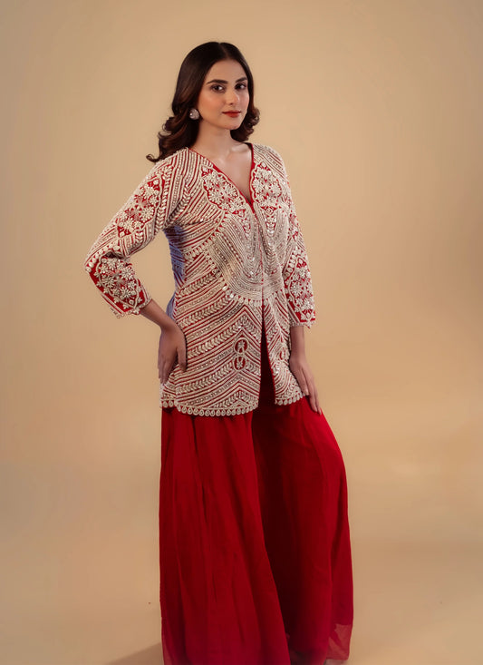 Hand Embroidery Red Jacket With Flair Sharara Pant