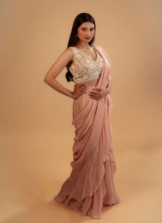 Hand Embroidery Light Pink Drape Saree With Heavy Blouse