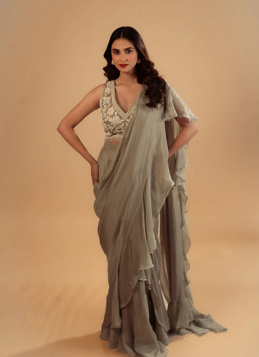 Hand Embroidery Light Pink Drape Saree With Heavy Blouse