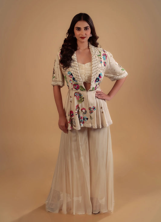 Hand Embroidery Champagne Peplum Top With Bustier And Flair Sharara