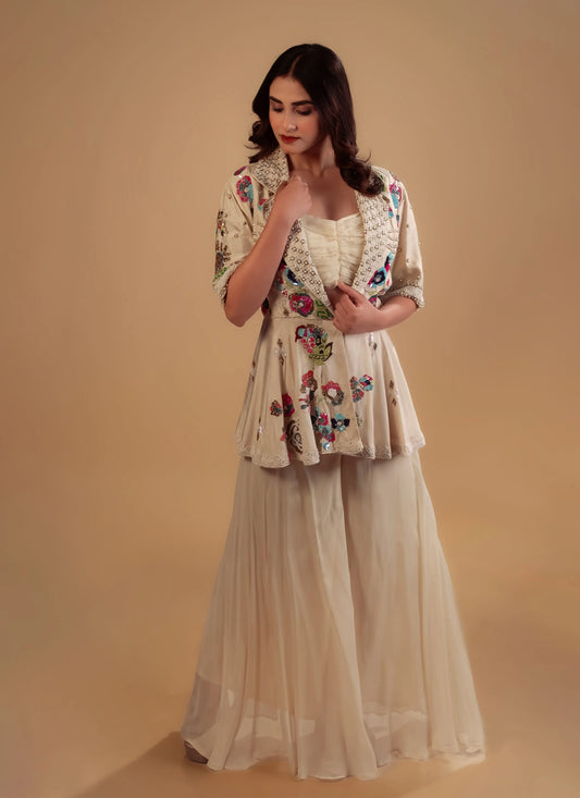 Hand Embroidery Champagne Peplum Top With Bustier And Flair Sharara