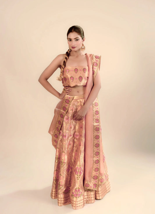 Deep Peach Kimkhab Banarasi Brocade Handwoven Fabric Lightweight Lehenga Set
