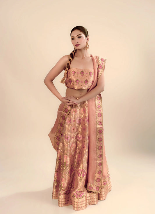 Deep Peach Kimkhab Banarasi Brocade Handwoven Fabric Lightweight Lehenga Set