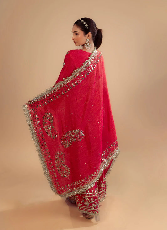 Hand Embroidery Pink crush tissue kurta with heavy sharara and dupatta