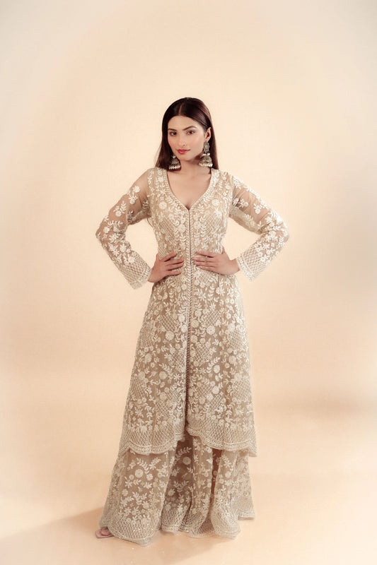 Heavy Embroidery Ivory Long Jacket With Bustier And Flared Sharara