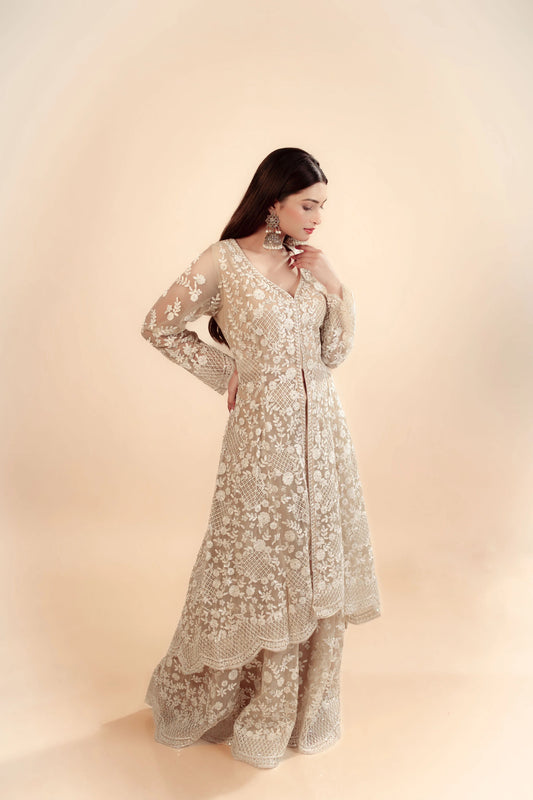 Heavy Embroidery Ivory Long Jacket With Bustier And Flared Sharara