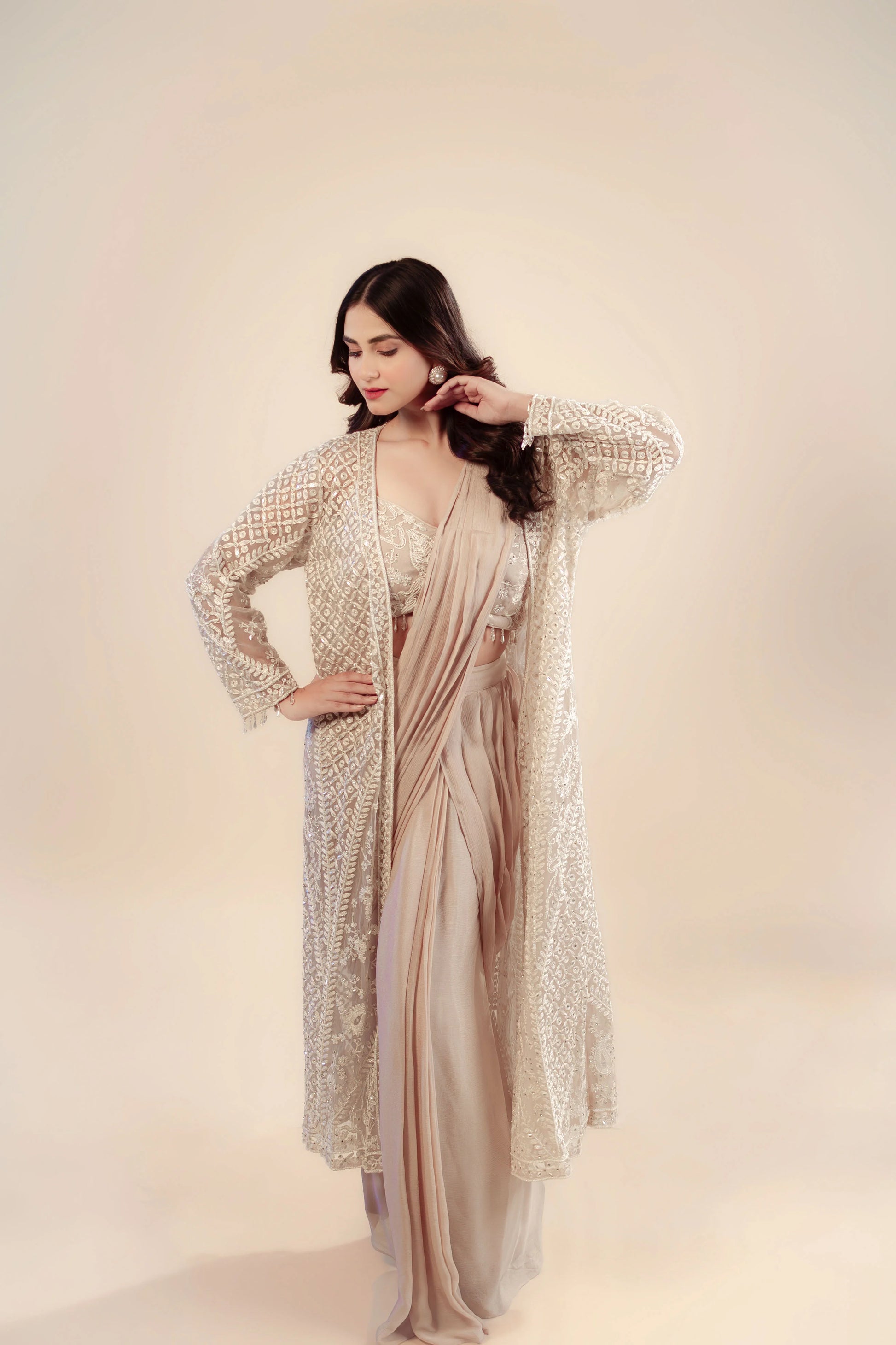 Heavy Embroidered Light Peach with Hand Detailing a Long Jacket