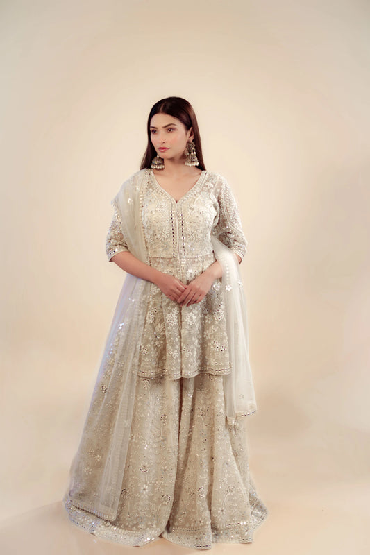 Hand Embroidery Ivory Peplum Top With Heavy Sharara