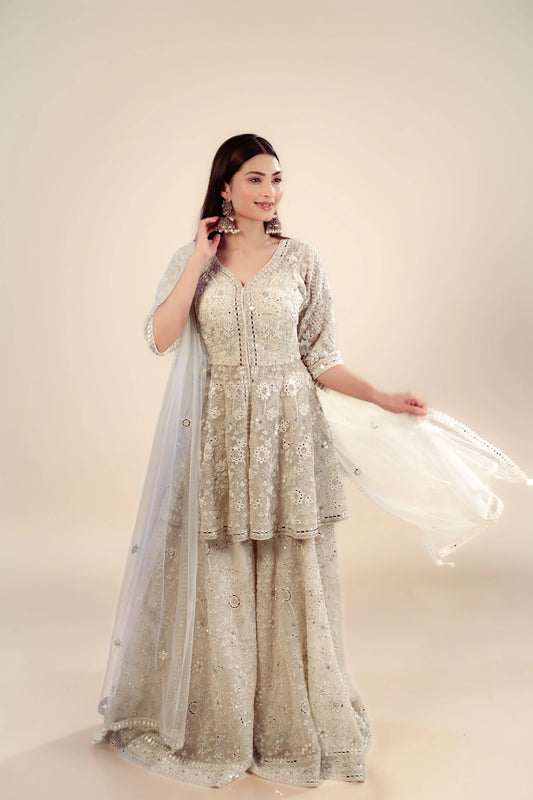 Hand Embroidery Ivory Peplum Top With Heavy Sharara