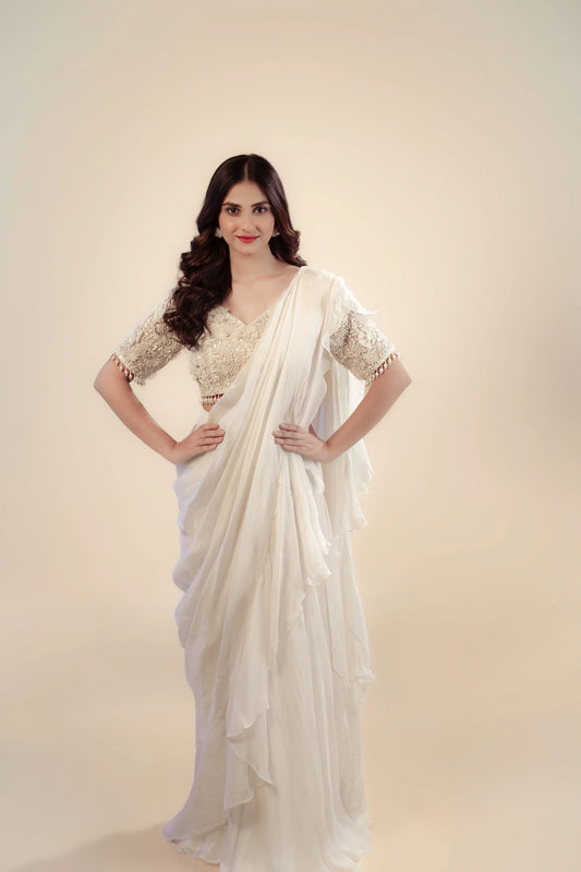 Hand Embroidery Ivory Drape Saree With Heavy Blouse