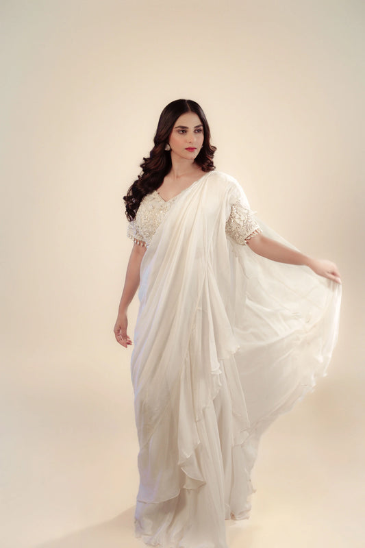 Hand Embroidery Ivory Drape Saree With Heavy Blouse