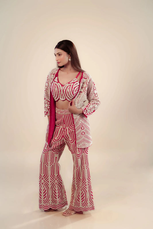 Heavy Embroidery Red Jacket With Bustier And Flared Pant