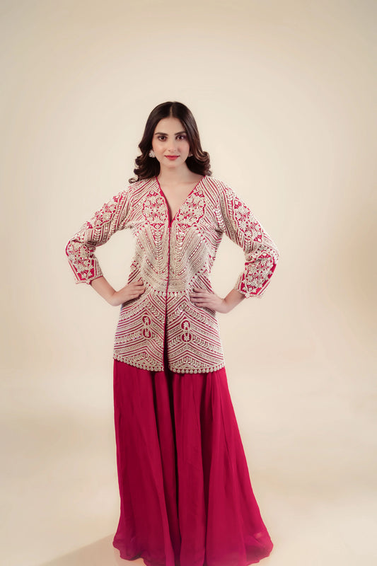 Heavy Embroidery Red Jacket With A Sharara