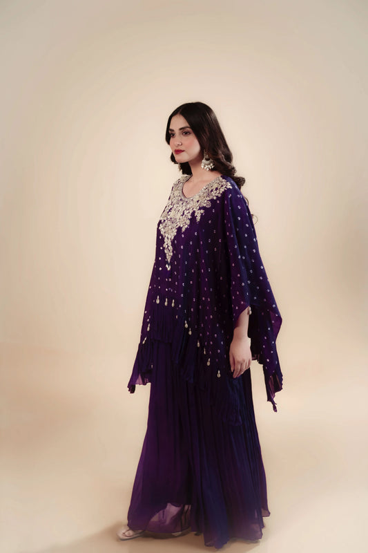 Hand Embroidery Purple Kaftan With Inner & Flair Palazzo