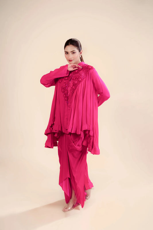 A Flared 3D Neck Top With Bustier And Drape Skirt