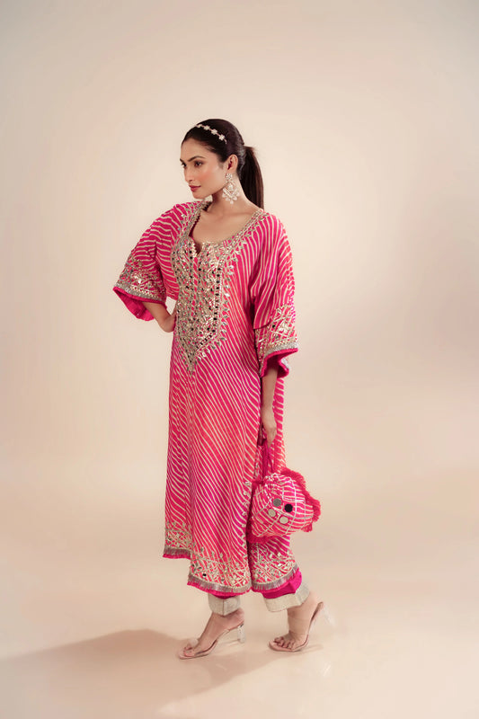 Pink Lehraiya Kaftan Set With Gotta Patti Work