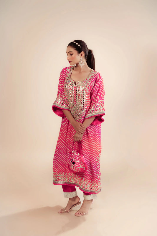 Pink Lehraiya Kaftan Set With Gotta Patti Work