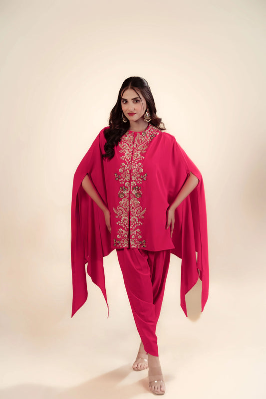 Hand Embroidery Red Cape With Dhoti Style Pant