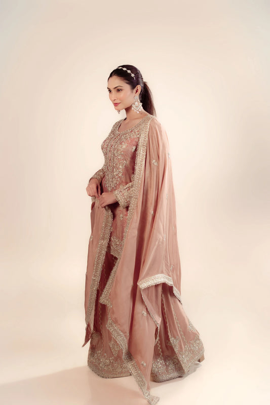 Hand Embroidery Onion Pink Tissue Kurta With Heavy Sharara And Dupatta