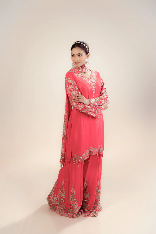 Hand Embroidery Coral Kurta With Heavy Sharara And Dupatta