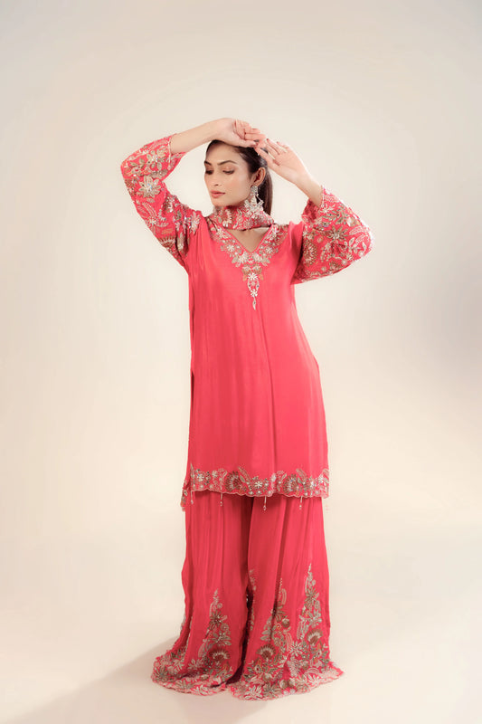 Hand Embroidery Coral Kurta With Heavy Sharara And Dupatta