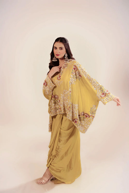Yellow Short Kaftan With Bustier And Drape Skirt