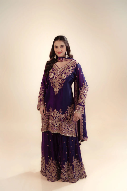 Hand Emboidery Purple Sharara Set