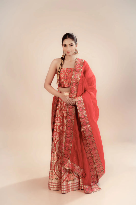 Red Kimkhab Banarasi Brocade Handwoven Fabric Lightweight Lehenga Set
