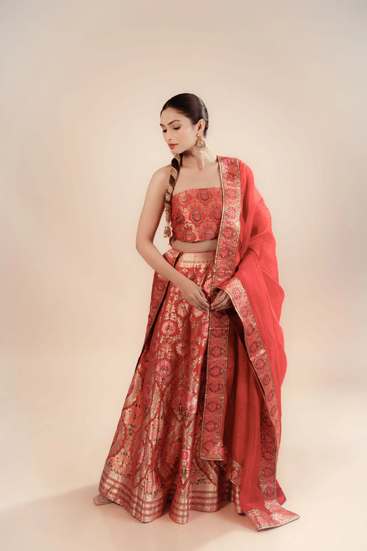 Red Kimkhab Banarasi Brocade Handwoven Fabric Lightweight Lehenga Set