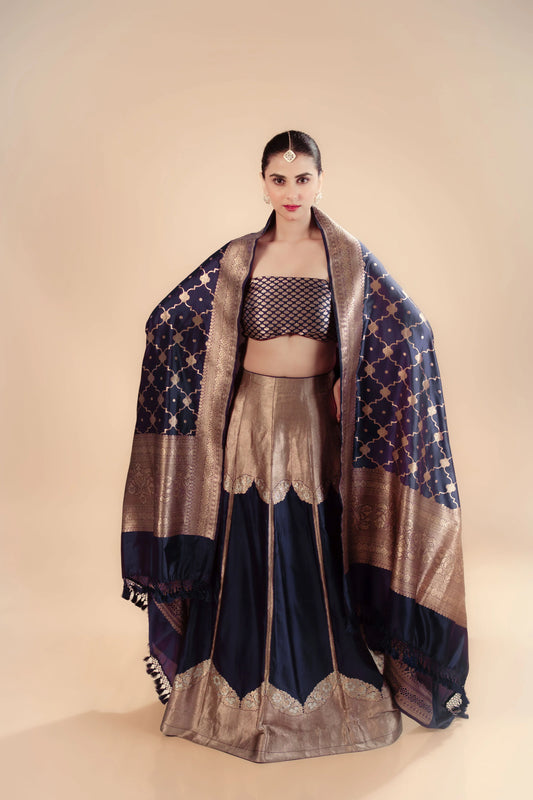 Navy Ink Blue Banarasi Brocade Handwoven Fabric Lightweight Lehenga Set
