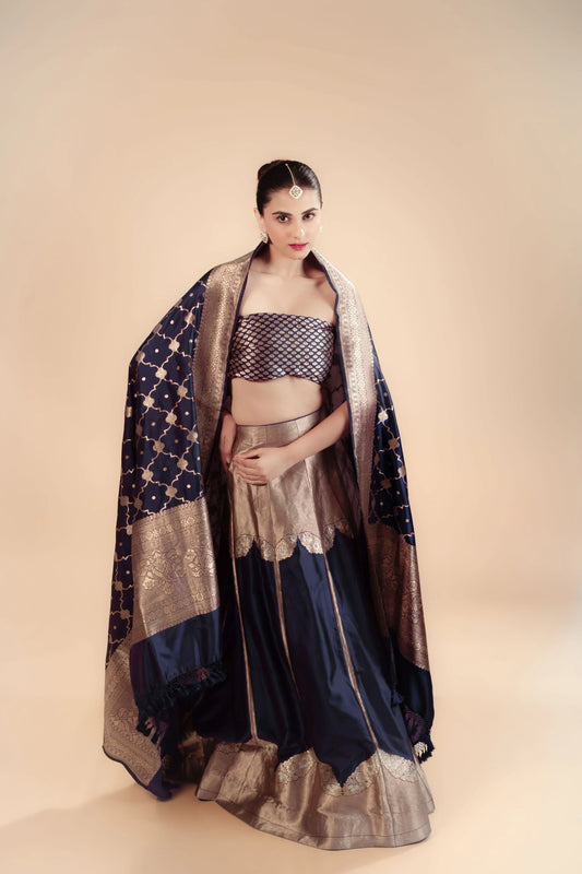 Navy Ink Blue Banarasi Brocade Handwoven Fabric Lightweight Lehenga Set