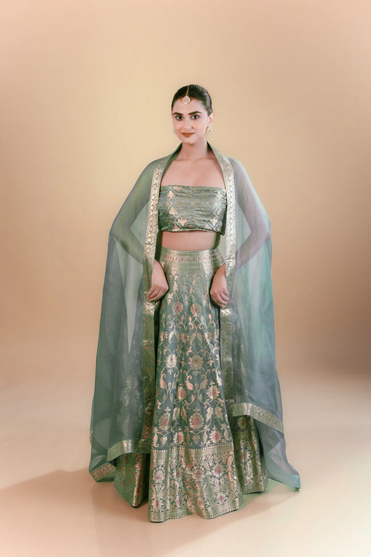 Powder Blue Kimkhab Banarasi Brocade Handwoven Fabric Lightweight Lehenga Set