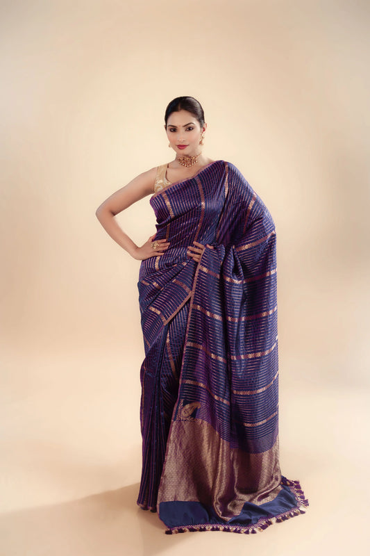 Pure Katan Silk Stripes Saree With Blouse