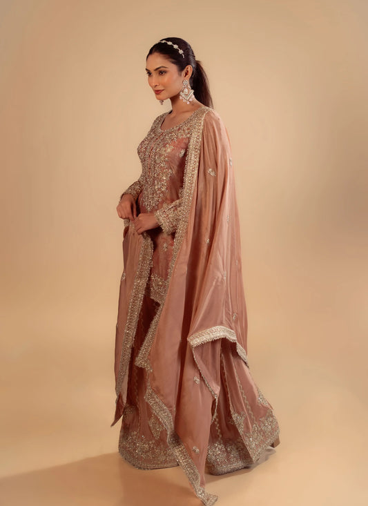 Hand Embroidery Rose Gold Tissue Kurta With Heavy Sharara And Dupatta