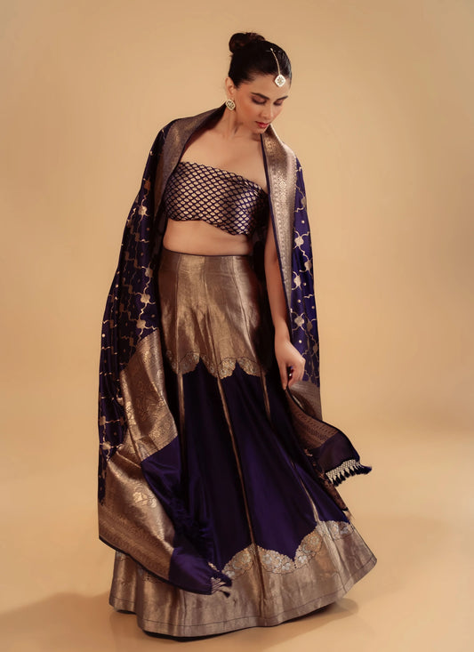 Navy Blue Banarasi Brocade Handwoven Fabric Lightweight Lehenga Set