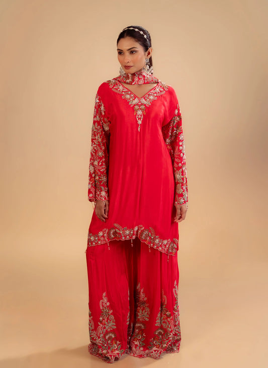 Hand Embroidery Coral Kurta With Heavy Sharara And Dupatta