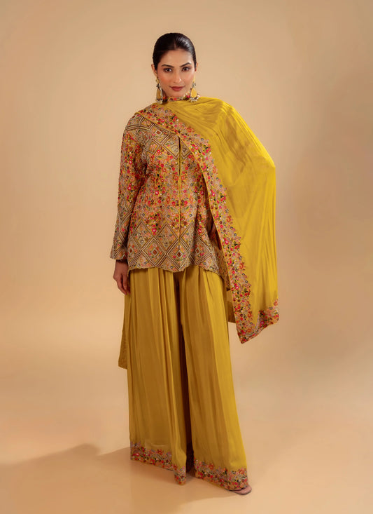 Hand Embroidery Yellow Jacket With Sharara Pant