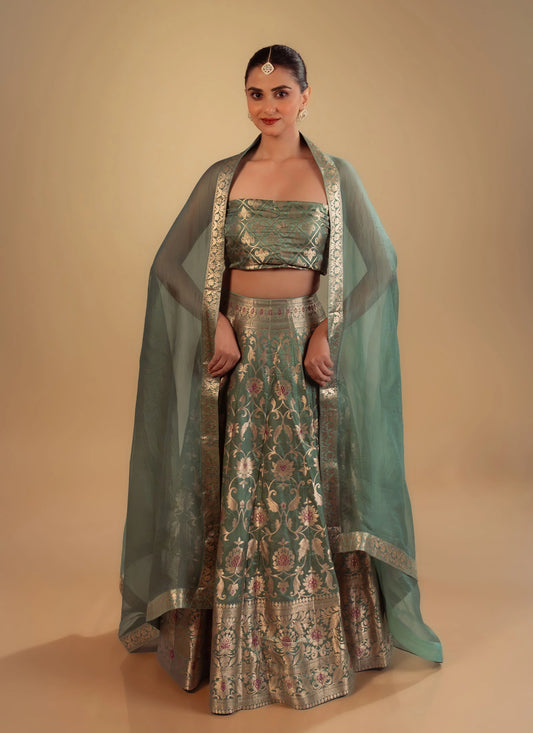 Powder Blue Kimkhab Banarasi Brocade Handwoven Fabric Lightweight Lehenga Set