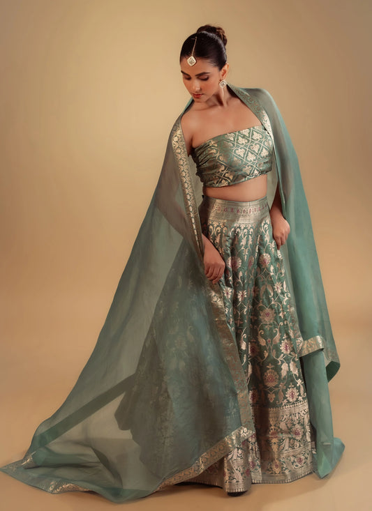 Powder Blue Kimkhab Banarasi Brocade Handwoven Fabric Lightweight Lehenga Set