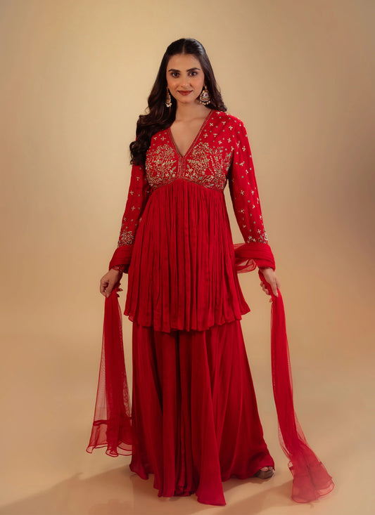 Hand Embroidery Red Peplum Top With Heavy Sharara And Dupatta