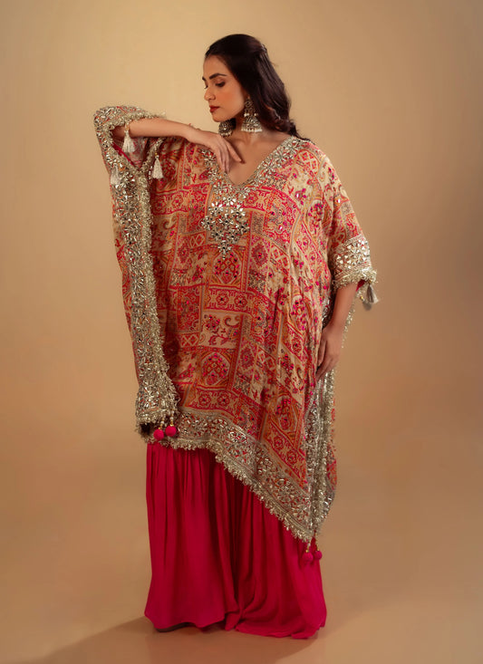 Hand Embroidery Pink Laheria Kaftan Set