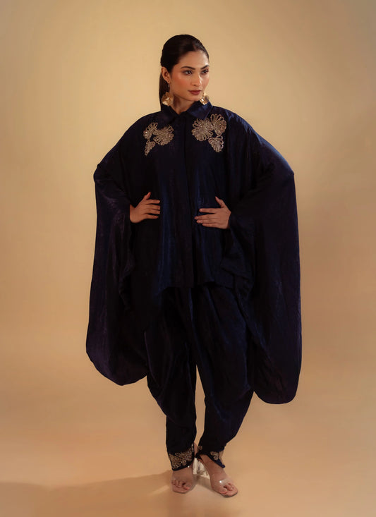 Hand Embroidery Navy Blue Cape With Dhoti Style Pant