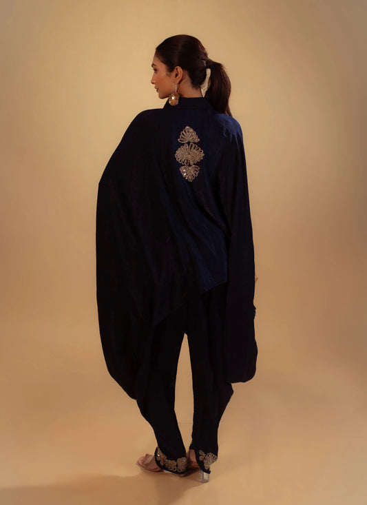 Hand Embroidery Navy Blue Cape With Dhoti Style Pant