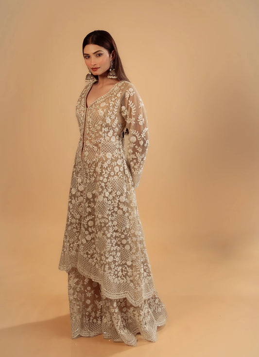 Hand Embroidery Rose Gold Long Jacket With Bustier And Flair Pant